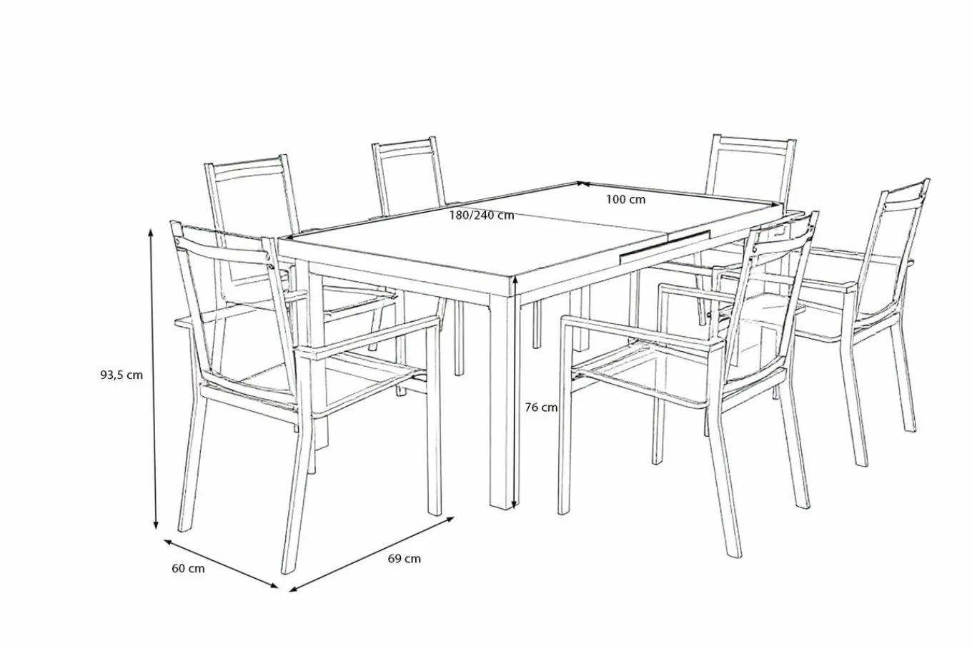 Outlet Premium Garten-Essgruppe, ® anthrazit matt, Alu/Textilene, Tisch 180/240x100cm, 6 Stapelsessel Garten-Essgruppen