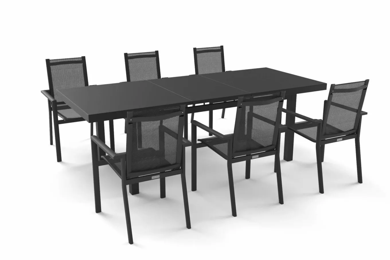 Outlet Premium Garten-Essgruppe, ® anthrazit matt, Alu/Textilene, Tisch 180/240x100cm, 6 Stapelsessel Garten-Essgruppen