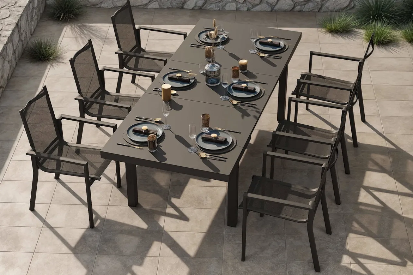 Outlet Premium Garten-Essgruppe, ® anthrazit matt, Alu/Textilene, Tisch 180/240x100cm, 6 Stapelsessel Garten-Essgruppen