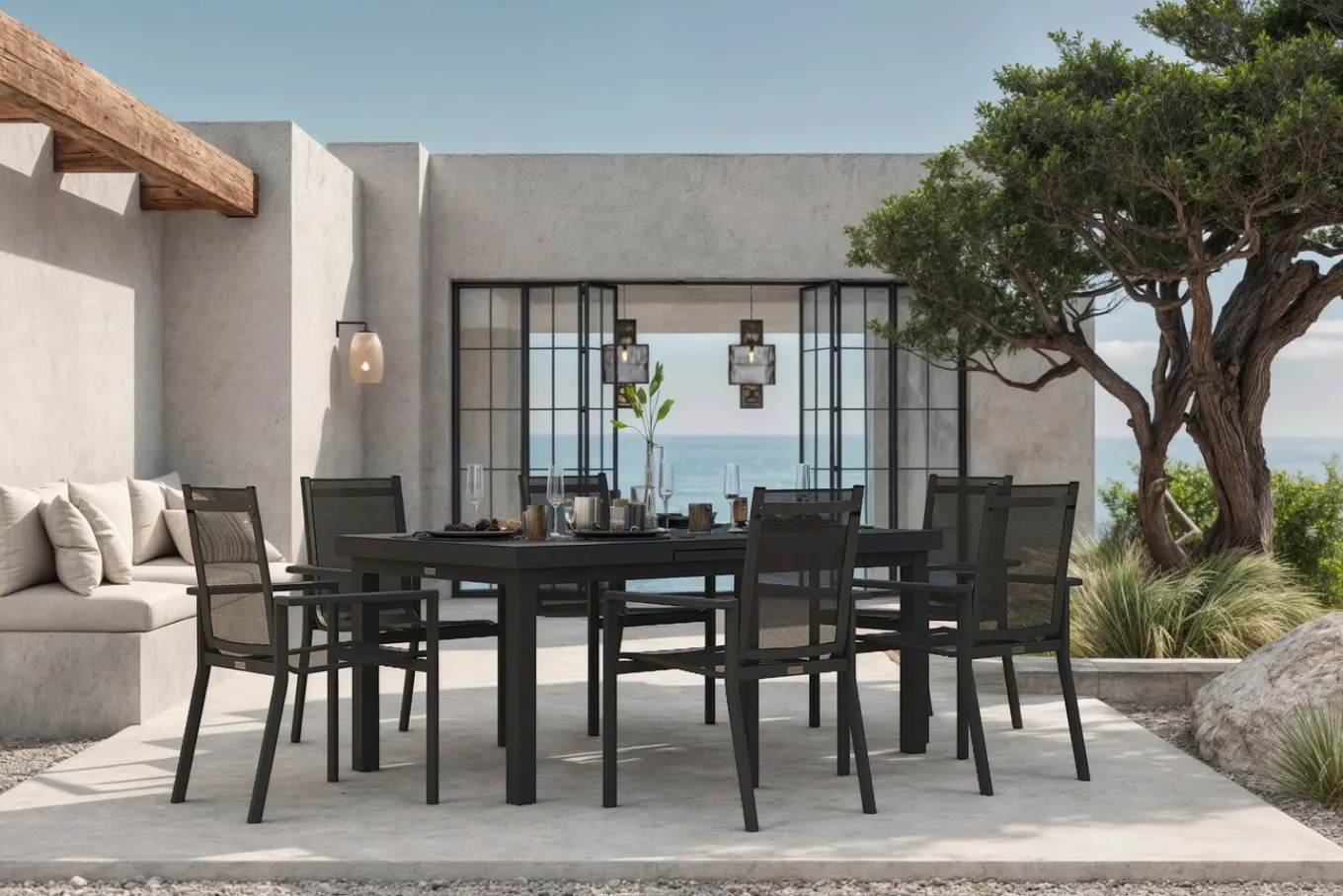 Outlet Premium Garten-Essgruppe, ® anthrazit matt, Alu/Textilene, Tisch 180/240x100cm, 6 Stapelsessel Garten-Essgruppen