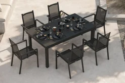 Outlet Premium Garten-Essgruppe, ® anthrazit matt, Alu/Textilene, Tisch 180/240x100cm, 6 Stapelsessel Garten-Essgruppen