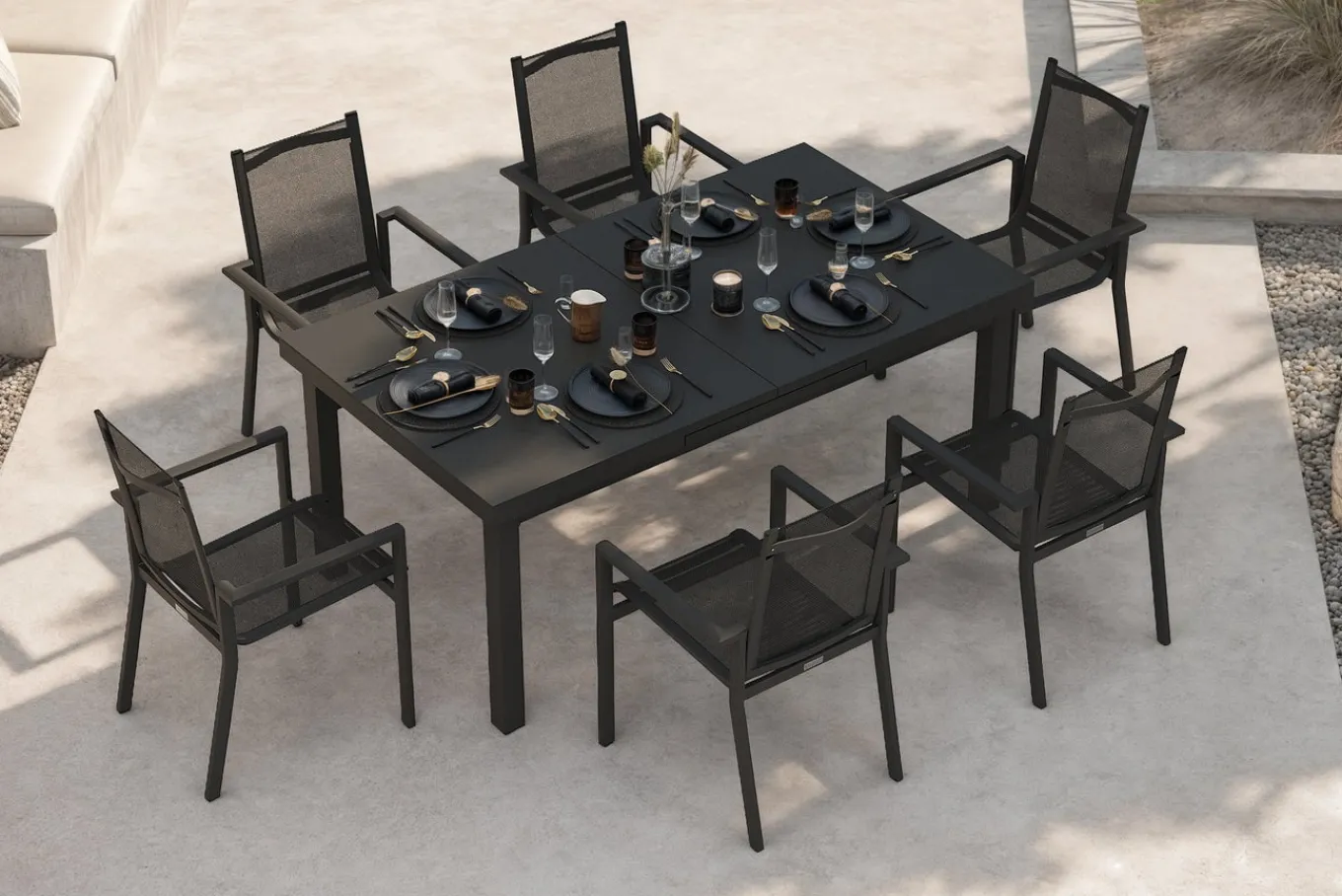 Outlet Premium Garten-Essgruppe, ® anthrazit matt, Alu/Textilene, Tisch 180/240x100cm, 6 Stapelsessel Garten-Essgruppen