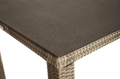 Clearance Rabida Balkon-Set, champagner-meliert, Polyrattan, Tisch 90x90 cm, 2 Stapelstühle, Glasplatte in Steinoptik Balkonmöbel-Set|Polyrattan-Gartenmöbel