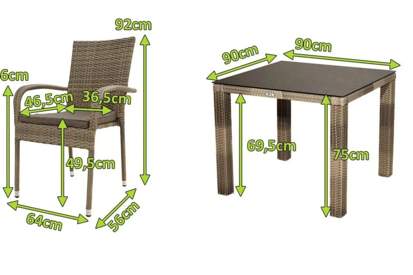 Clearance Rabida Balkon-Set, champagner-meliert, Polyrattan, Tisch 90x90 cm, 2 Stapelstühle, Glasplatte in Steinoptik Balkonmöbel-Set|Polyrattan-Gartenmöbel