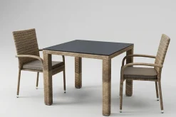 Clearance Rabida Balkon-Set, champagner-meliert, Polyrattan, Tisch 90x90 cm, 2 Stapelstühle, Glasplatte in Steinoptik Balkonmöbel-Set|Polyrattan-Gartenmöbel