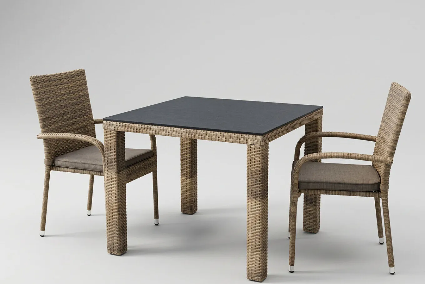Clearance Rabida Balkon-Set, champagner-meliert, Polyrattan, Tisch 90x90 cm, 2 Stapelstühle, Glasplatte in Steinoptik Balkonmöbel-Set|Polyrattan-Gartenmöbel