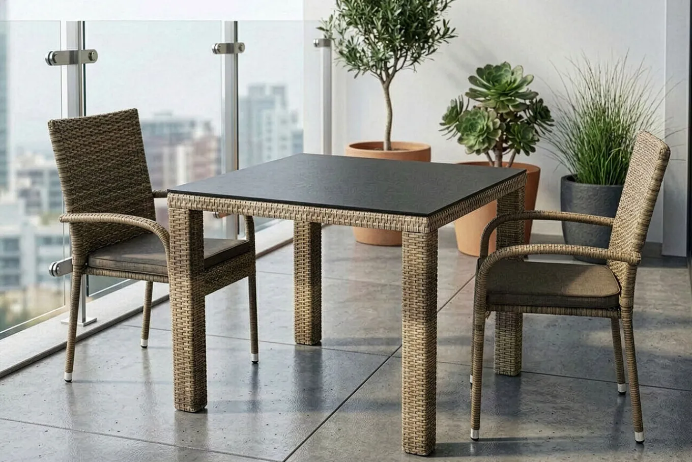 Clearance Rabida Balkon-Set, champagner-meliert, Polyrattan, Tisch 90x90 cm, 2 Stapelstühle, Glasplatte in Steinoptik Balkonmöbel-Set|Polyrattan-Gartenmöbel