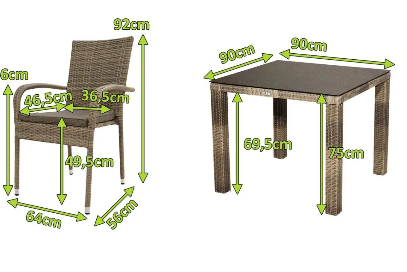 Clearance Rabida Balkon-Set, champagner-meliert, Polyrattan, Tisch 90x90 cm, 2 Stapelstühle, Glasplatte in Steinoptik Balkonmöbel-Set|Polyrattan-Gartenmöbel