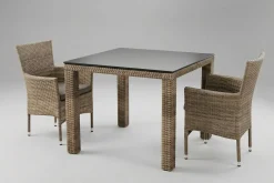 Best Rabida Balkon-Set, champagner-meliert, Polyrattan, Tisch 90x90 cm, 2 Stapelsessel, Glasplatte in Steinoptik Balkonmöbel-Set|Polyrattan-Gartenmöbel