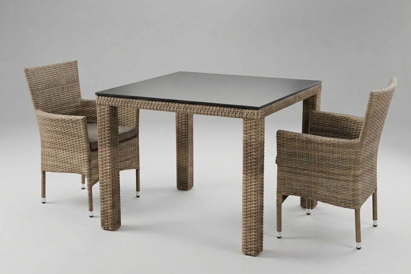 Best Rabida Balkon-Set, champagner-meliert, Polyrattan, Tisch 90x90 cm, 2 Stapelsessel, Glasplatte in Steinoptik Balkonmöbel-Set|Polyrattan-Gartenmöbel