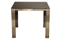Best Rabida Balkon-Set, champagner-meliert, Polyrattan, Tisch 90x90 cm, 2 Stapelsessel, Glasplatte in Steinoptik Balkonmöbel-Set|Polyrattan-Gartenmöbel