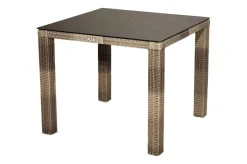 Best Rabida Balkon-Set, champagner-meliert, Polyrattan, Tisch 90x90 cm, 2 Stapelsessel, Glasplatte in Steinoptik Balkonmöbel-Set|Polyrattan-Gartenmöbel