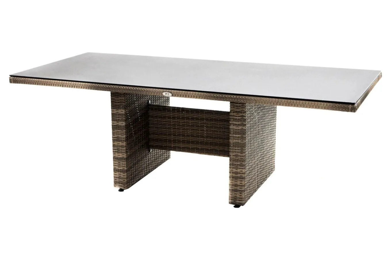 Clearance Rabida Dining Tisch, champagner-meliert, Polyrattan, 220 x 100 cm, Glasplatte in Steinoptik Gartentische|Polyrattan-Gartenmöbel