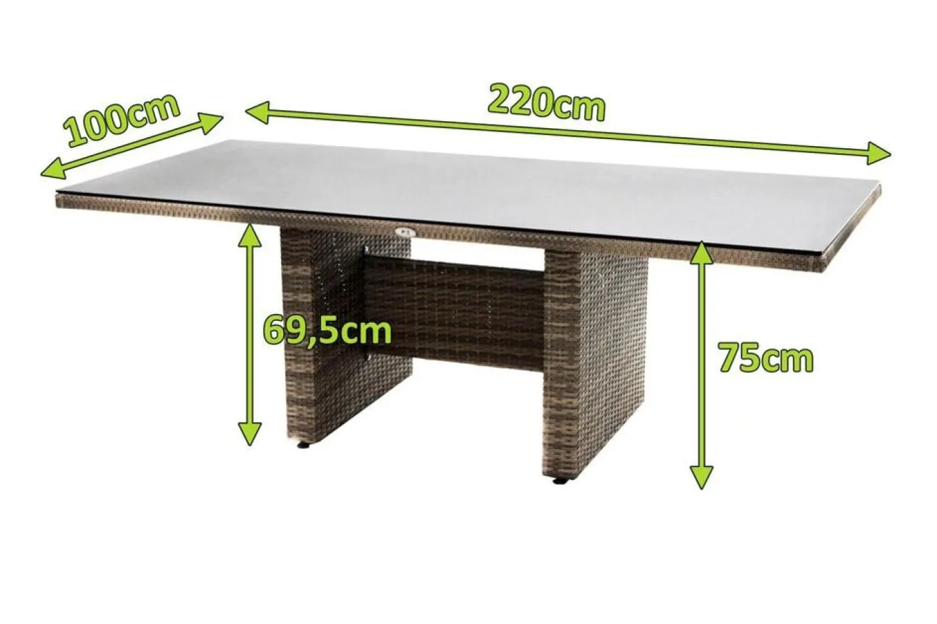 Clearance Rabida Dining Tisch, champagner-meliert, Polyrattan, 220 x 100 cm, Glasplatte in Steinoptik Gartentische|Polyrattan-Gartenmöbel