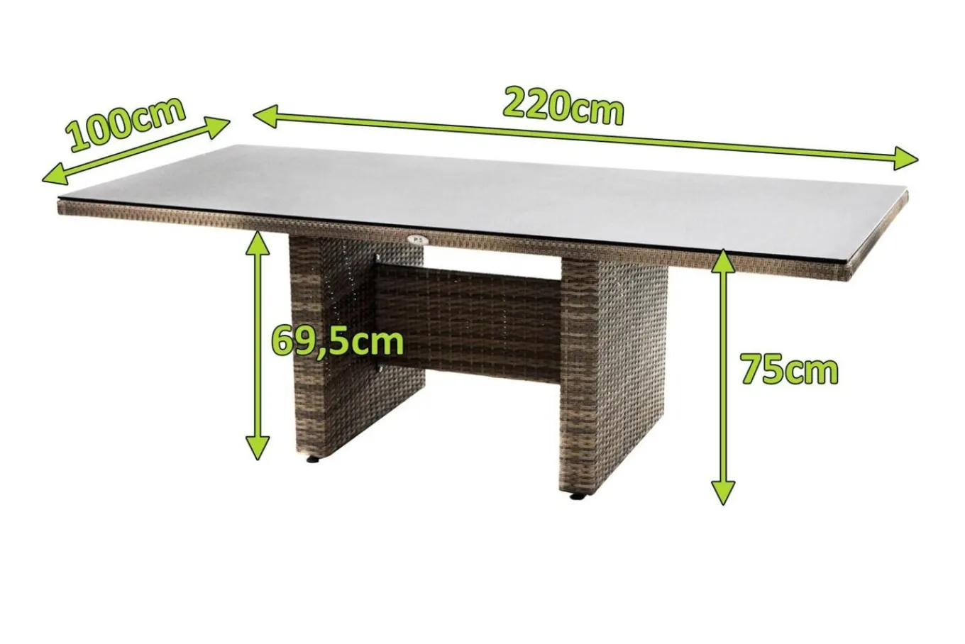 Clearance Rabida Dining Tisch, champagner-meliert, Polyrattan, 220 x 100 cm, Glasplatte in Steinoptik Gartentische|Polyrattan-Gartenmöbel