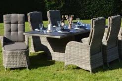 Clearance Rabida Dining Tisch, champagner-meliert, Polyrattan, 220 x 100 cm, Glasplatte in Steinoptik Gartentische|Polyrattan-Gartenmöbel