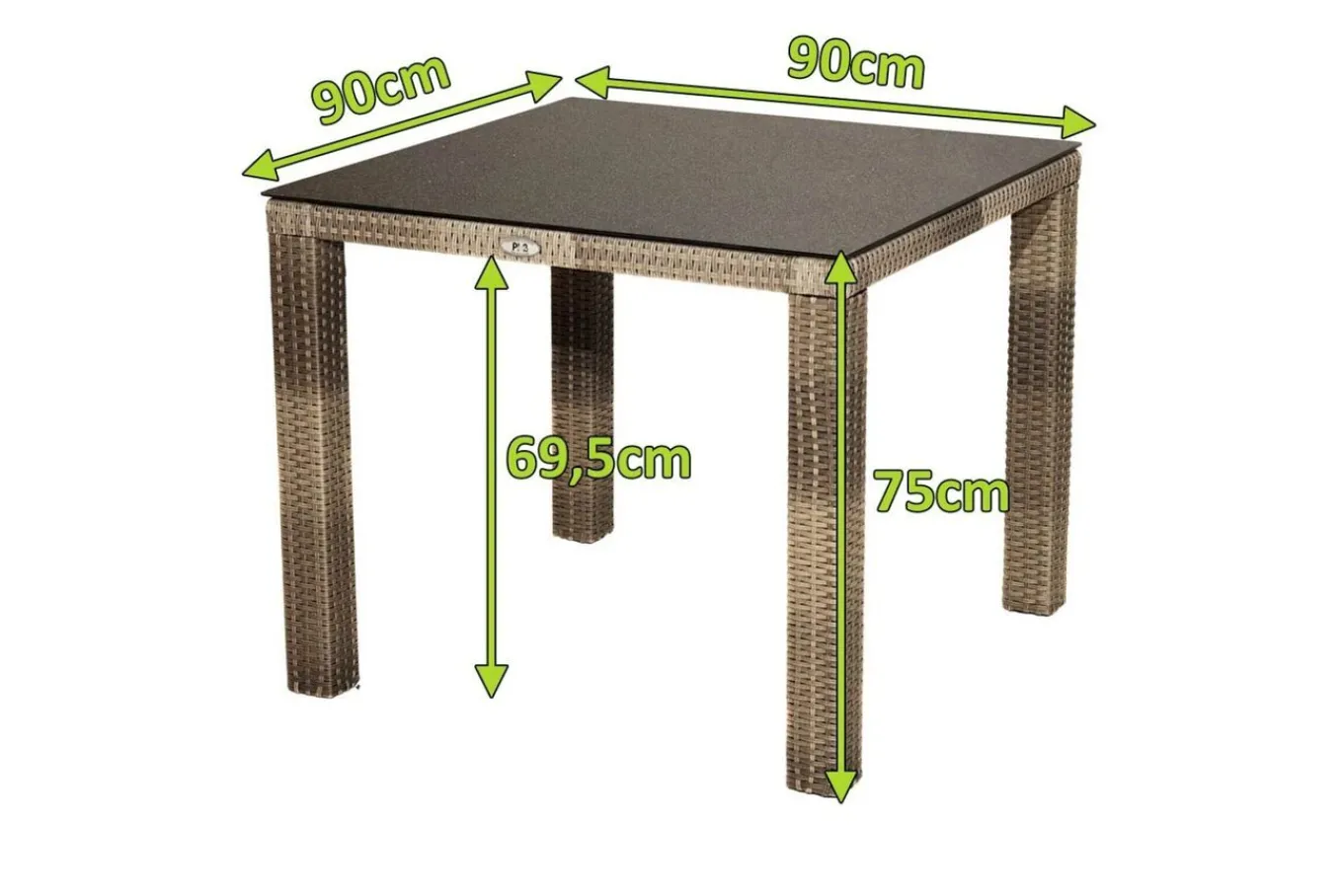 Online Rabida Dining Tisch, champagner-meliert, Polyrattan, 90 x 90 cm, Glasplatte in Steinoptik Gartentische|Polyrattan-Gartenmöbel
