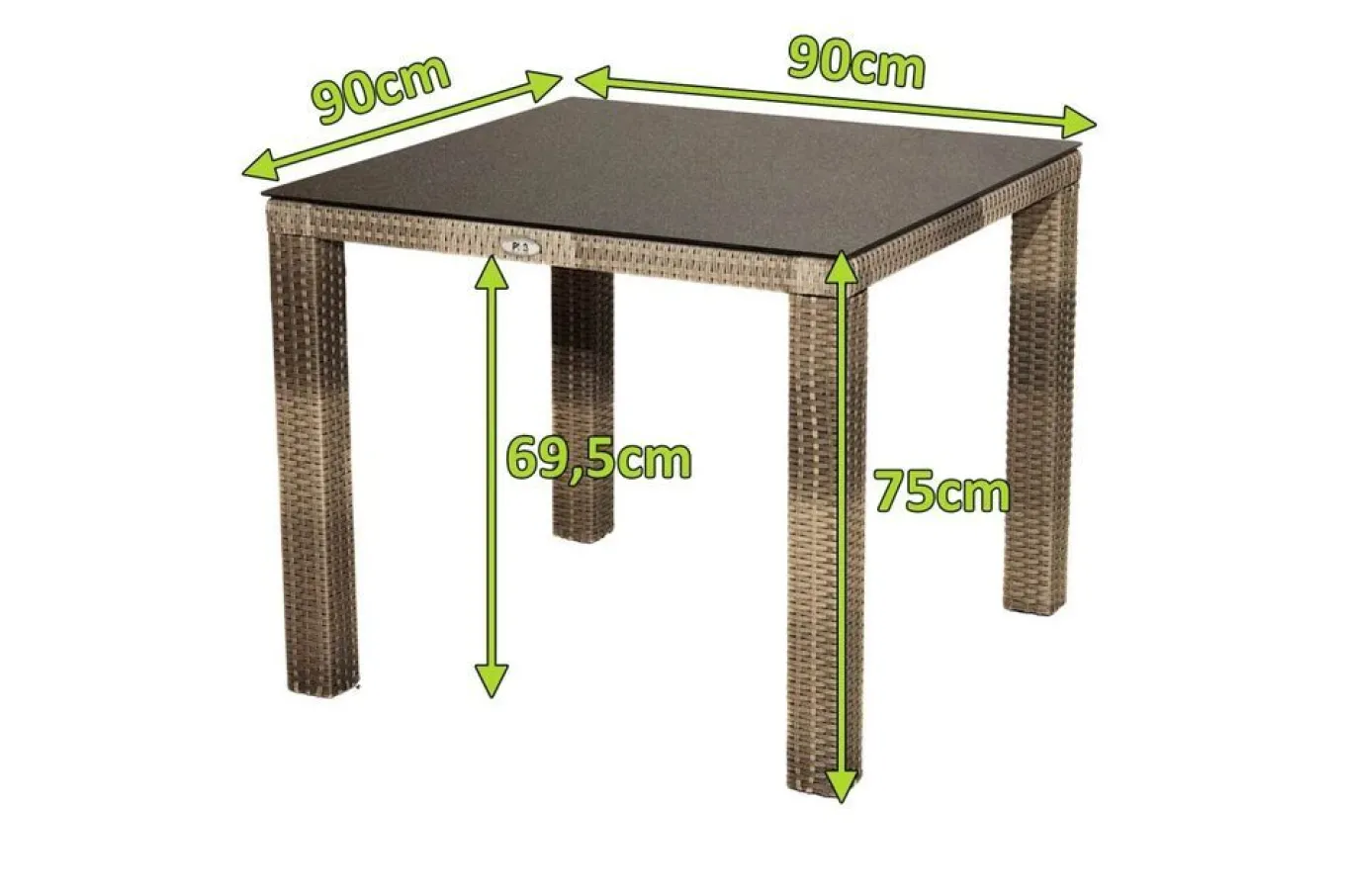 Online Rabida Dining Tisch, champagner-meliert, Polyrattan, 90 x 90 cm, Glasplatte in Steinoptik Gartentische|Polyrattan-Gartenmöbel