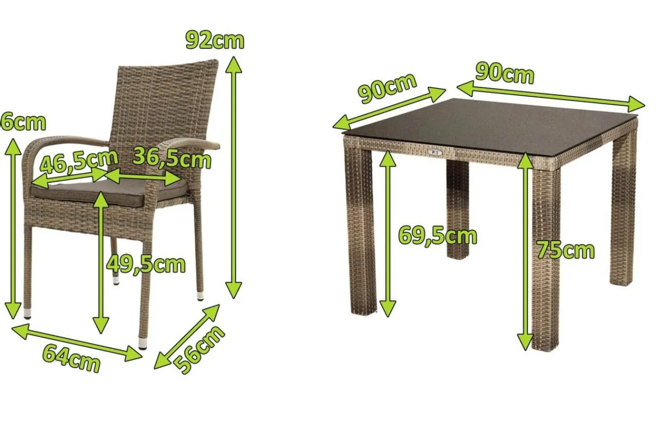 Outlet Rabida Garten-Essgruppe, champagner-meliert, Polyrattan, Tisch 90 x 90 cm, 4 Stapelstühle, Glasplatte in Steinoptik Polyrattan-Gartenmöbel|Garten-Essgruppen