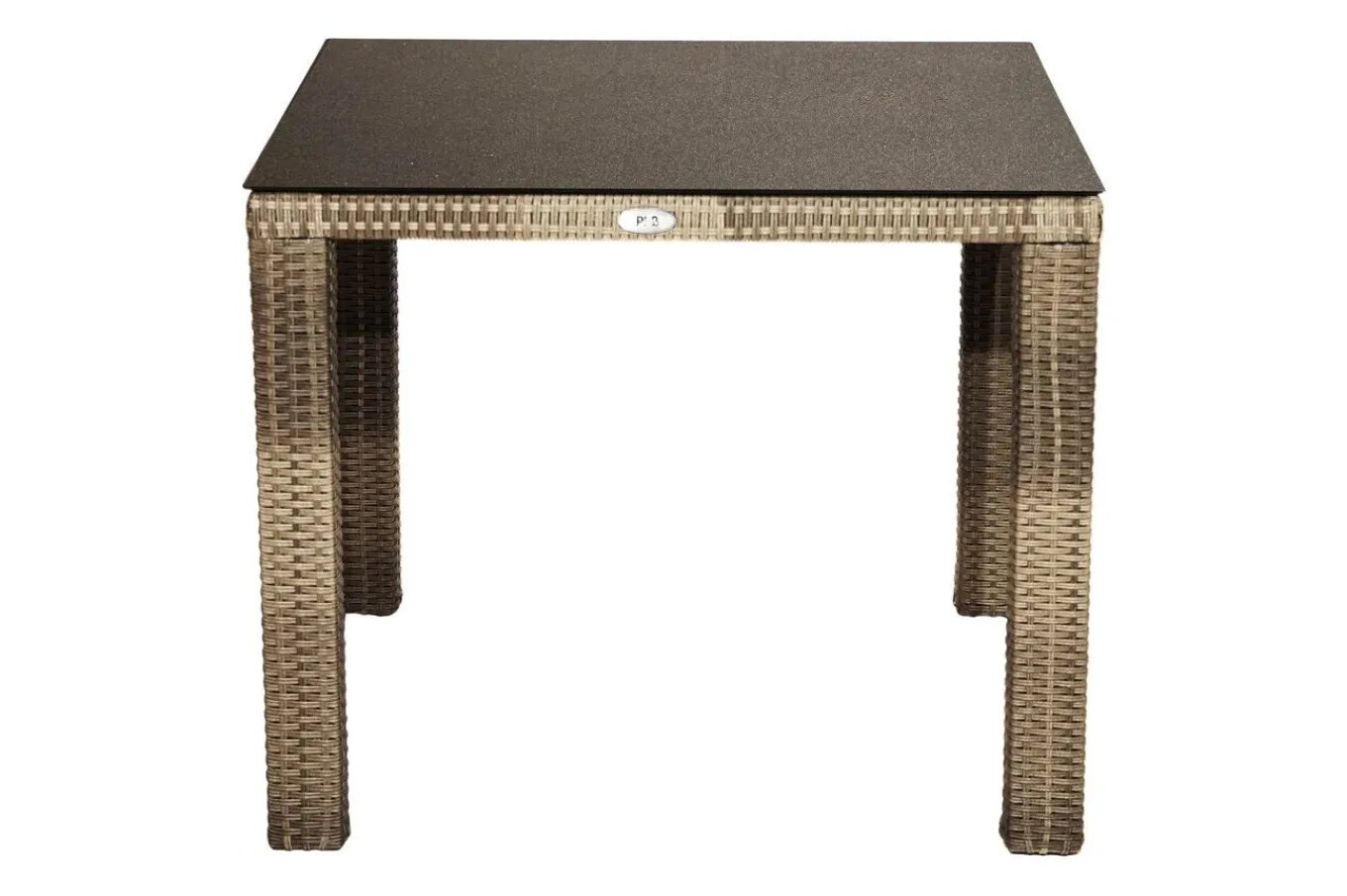 Outlet Rabida Garten-Essgruppe, champagner-meliert, Polyrattan, Tisch 90 x 90 cm, 4 Stapelstühle, Glasplatte in Steinoptik Polyrattan-Gartenmöbel|Garten-Essgruppen