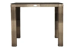Outlet Rabida Garten-Essgruppe, champagner-meliert, Polyrattan, Tisch 90 x 90 cm, 4 Stapelstühle, Glasplatte in Steinoptik Polyrattan-Gartenmöbel|Garten-Essgruppen