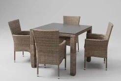 Rabida Garten-Essgruppe, champagner-meliert, Polyrattan, Tisch 90 x 90 cm, 4 Stapelsessel, Glasplatte in Steinoptik Polyrattan-Gartenmöbel|Garten-Essgruppen