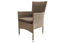 Rabida Garten-Essgruppe, champagner-meliert, Polyrattan, Tisch 90 x 90 cm, 4 Stapelsessel, Glasplatte in Steinoptik Polyrattan-Gartenmöbel|Garten-Essgruppen