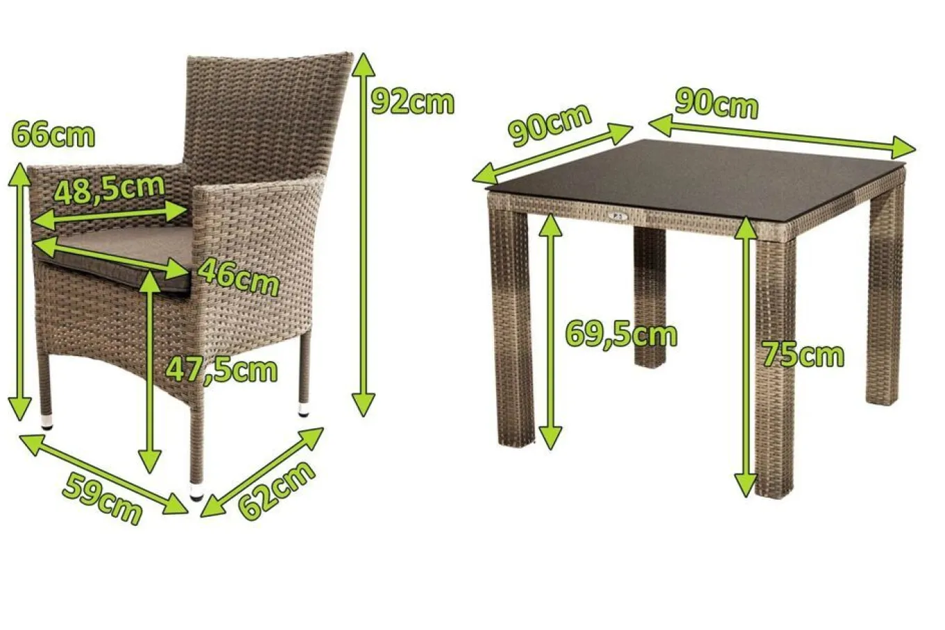 Rabida Garten-Essgruppe, champagner-meliert, Polyrattan, Tisch 90 x 90 cm, 4 Stapelsessel, Glasplatte in Steinoptik Polyrattan-Gartenmöbel|Garten-Essgruppen