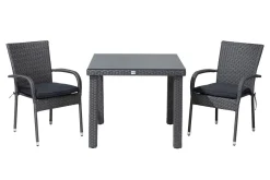 Hot Rocking Balkon-Set, grau/braun-meliert, Polyrattan, Tisch 90x90 cm, 2 Stapelstühle, Glasplatte in Steinoptik Balkonmöbel-Set|Polyrattan-Gartenmöbel