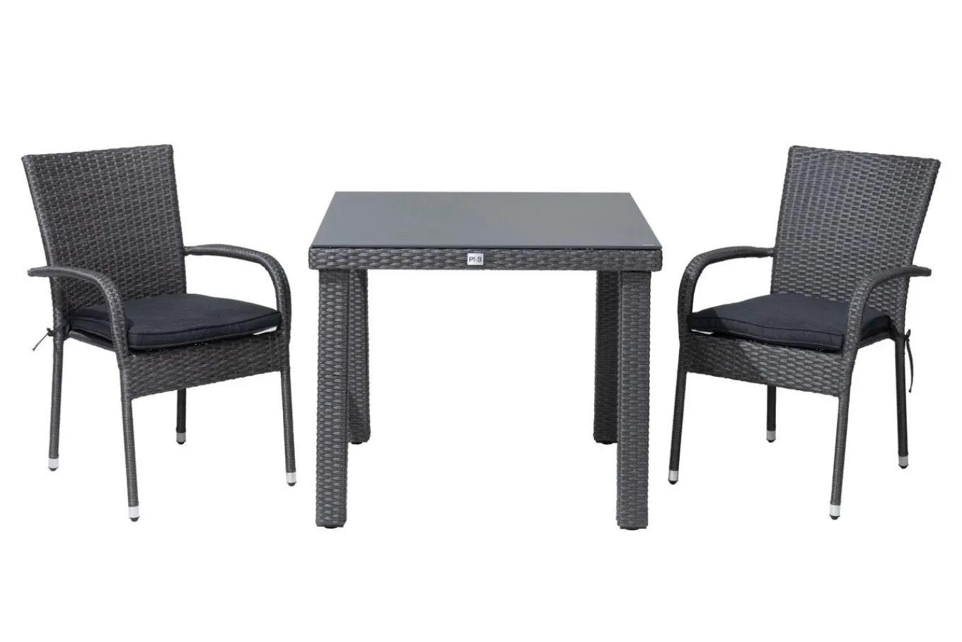 Hot Rocking Balkon-Set, grau/braun-meliert, Polyrattan, Tisch 90x90 cm, 2 Stapelstühle, Glasplatte in Steinoptik Balkonmöbel-Set|Polyrattan-Gartenmöbel
