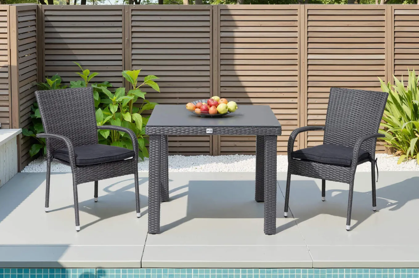 Hot Rocking Balkon-Set, grau/braun-meliert, Polyrattan, Tisch 90x90 cm, 2 Stapelstühle, Glasplatte in Steinoptik Balkonmöbel-Set|Polyrattan-Gartenmöbel