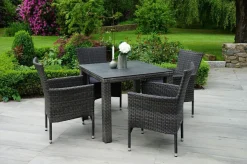 Hot Rocking Balkon-Set, grau/braun-meliert, Polyrattan, Tisch 90x90 cm, 2 Stapelsessel, Glasplatte in Steinoptik Balkonmöbel-Set|Polyrattan-Gartenmöbel