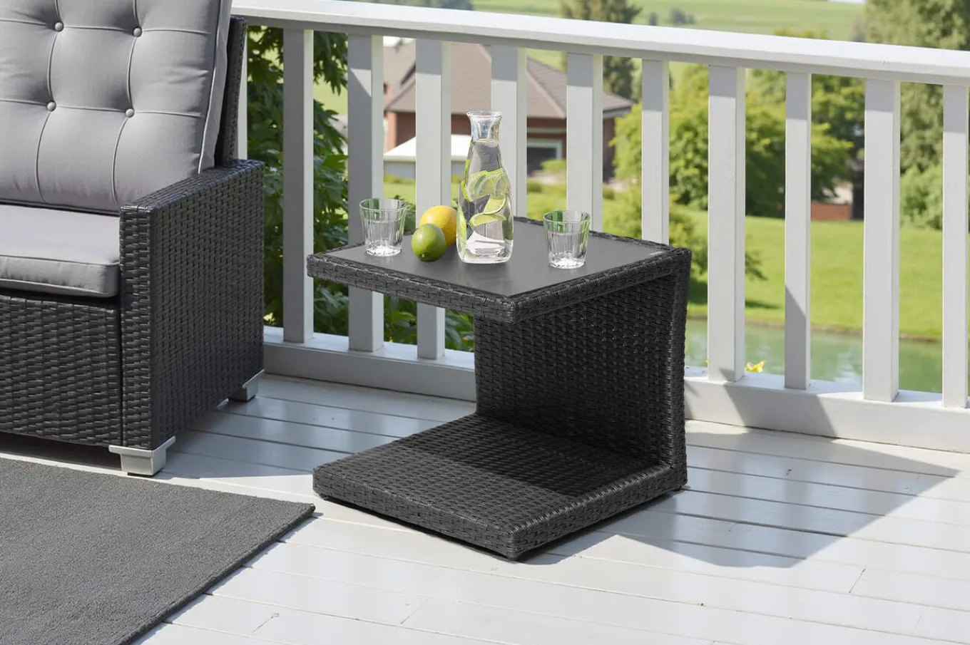 Outlet Rocking Beistelltisch, grau/braun-meliert, Polyrattan, 50x45x50 cm, Glasplatte in Steinoptik Gartentische|Polyrattan-Gartenmöbel