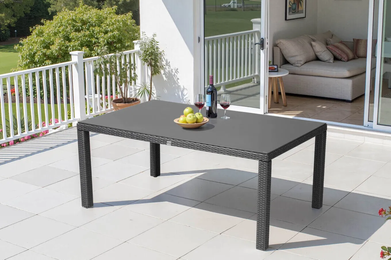 Hot Rocking Comfort Dining Tisch, grau/braun-meliert, Polyrattan, 180x110 cm, Glasplatte Steinoptik Gartentische|Polyrattan-Gartenmöbel
