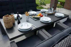 Rocking Comfort Garten-Essgruppe, grau/braun-meliert, Polyrattan, Tisch 220 x 100 cm, 3 Loungesessel+3-Sitzer Polyrattan-Gartenmöbel|Garten-Essgruppen