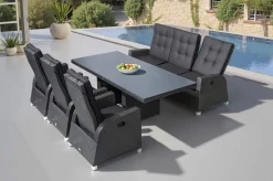 Rocking Comfort Garten-Essgruppe, grau/braun-meliert, Polyrattan, Tisch 220 x 100 cm, 3 Loungesessel+3-Sitzer Polyrattan-Gartenmöbel|Garten-Essgruppen