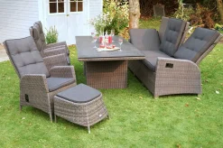 Discount Rocking Comfort Garten-Essgruppe, grau/braun-meliert, Polyrattan, Tisch 220 x 100 cm, 6-7 Personen Polyrattan-Gartenmöbel|Garten-Essgruppen