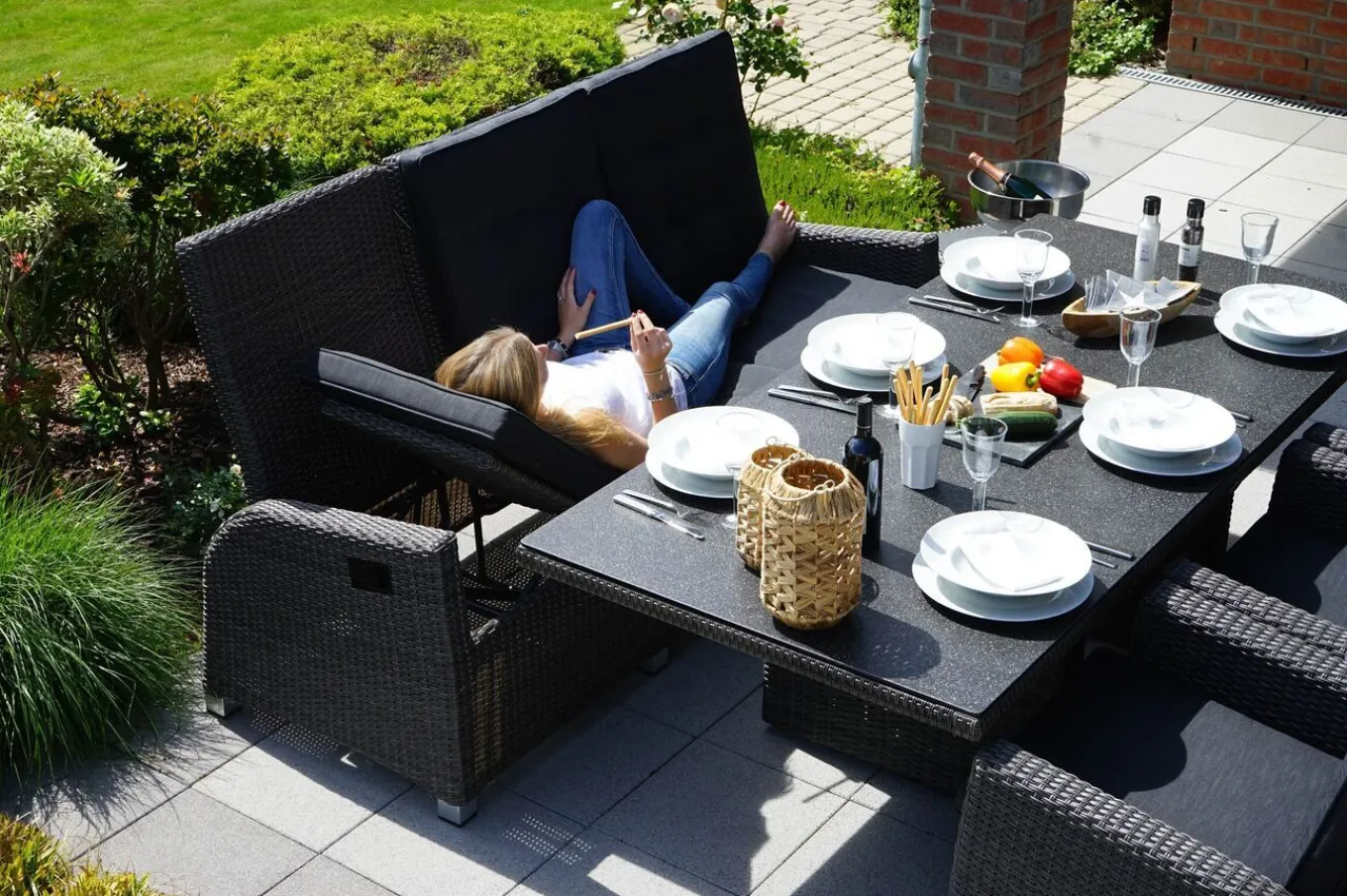 Sale Rocking Comfort Set, grau/braun-meliert, Polyrattan, Tisch 220 x 100 cm, 6 Personen Polyrattan-Gartenmöbel|Garten-Essgruppen