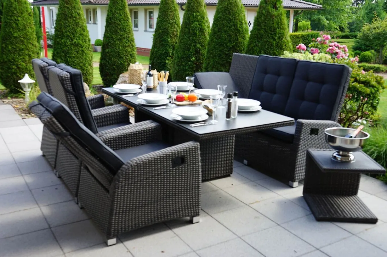 Sale Rocking Comfort Set, grau/braun-meliert, Polyrattan, Tisch 220 x 100 cm, 6 Personen Polyrattan-Gartenmöbel|Garten-Essgruppen