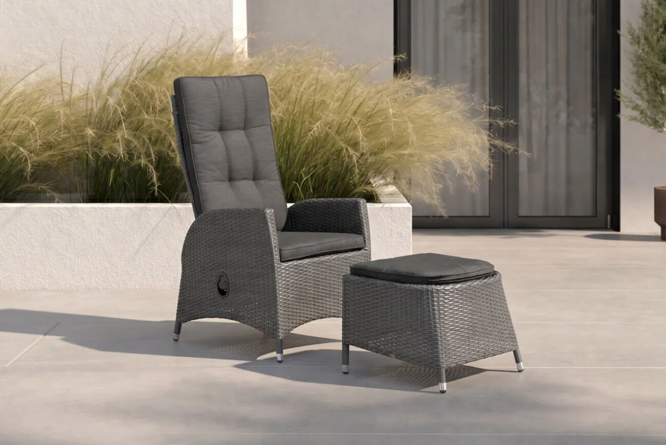 Clearance Rocking Dining Sessel, grau/braun-meliert, Polyrattan, verstellbar, mit Fußhocker Polyrattan-Gartenmöbel|Gartenstühle & Gartensessel