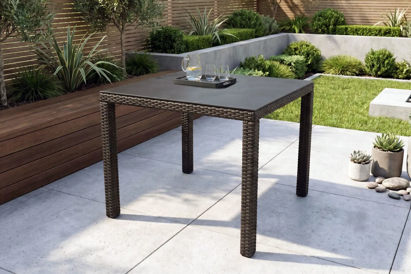 Online Rocking Dining Tisch, grau/braun-meliert, Polyrattan, 90 x 90 cm, Glasplatte in Steinoptik Gartentische|Polyrattan-Gartenmöbel