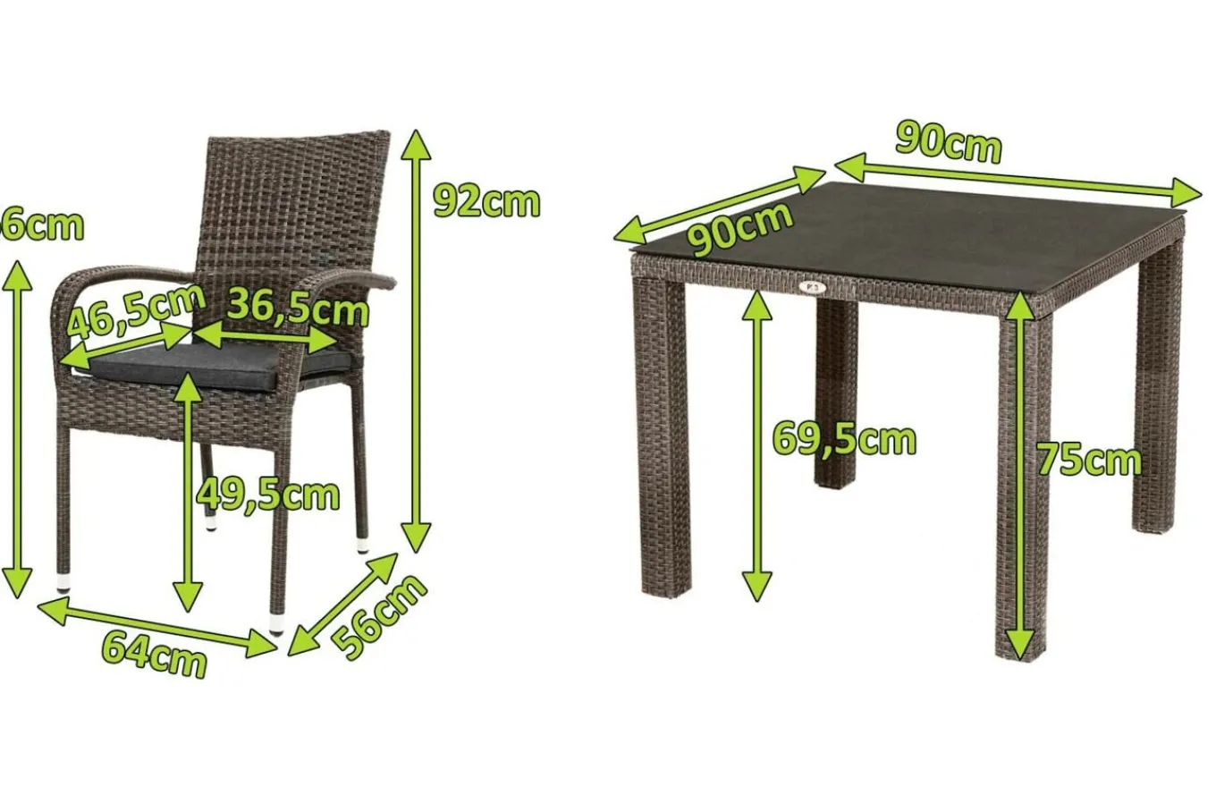 Sale Rocking Garten-Essgruppe, grau/braun-meliert, Polyrattan, Tisch 90 x 90 cm, 4 Stapelstühle, Glasplatte in Steinoptik Polyrattan-Gartenmöbel|Garten-Essgruppen