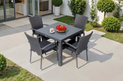 Sale Rocking Garten-Essgruppe, grau/braun-meliert, Polyrattan, Tisch 90 x 90 cm, 4 Stapelstühle, Glasplatte in Steinoptik Polyrattan-Gartenmöbel|Garten-Essgruppen