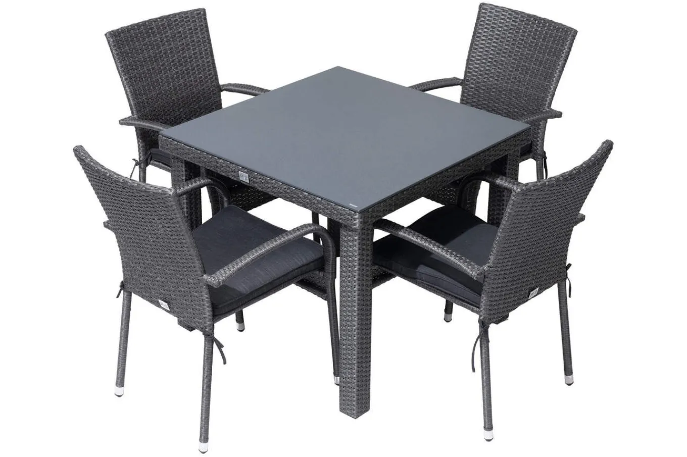 Sale Rocking Garten-Essgruppe, grau/braun-meliert, Polyrattan, Tisch 90 x 90 cm, 4 Stapelstühle, Glasplatte in Steinoptik Polyrattan-Gartenmöbel|Garten-Essgruppen