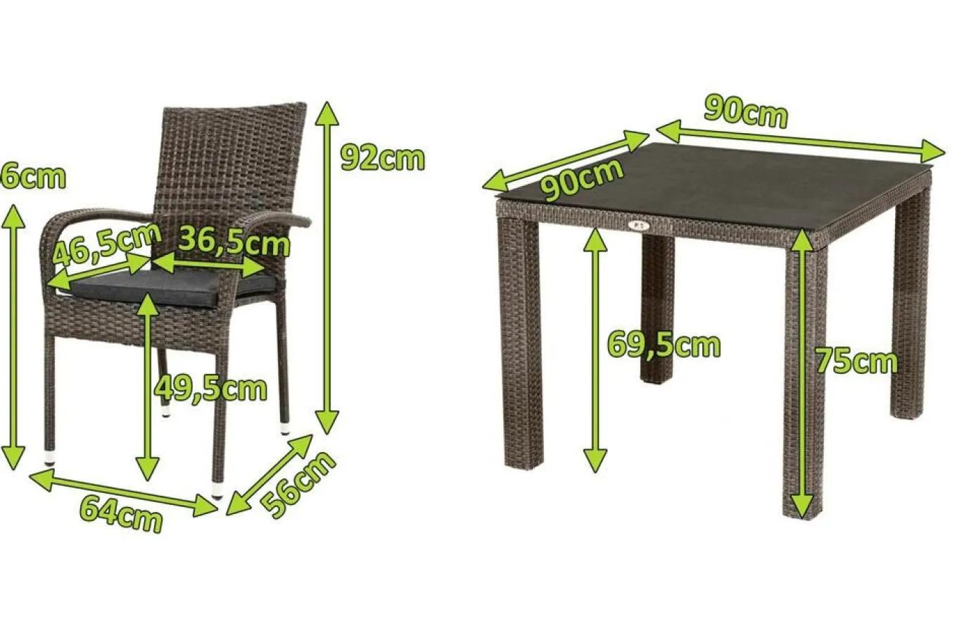 Sale Rocking Garten-Essgruppe, grau/braun-meliert, Polyrattan, Tisch 90 x 90 cm, 4 Stapelstühle, Glasplatte in Steinoptik Polyrattan-Gartenmöbel|Garten-Essgruppen