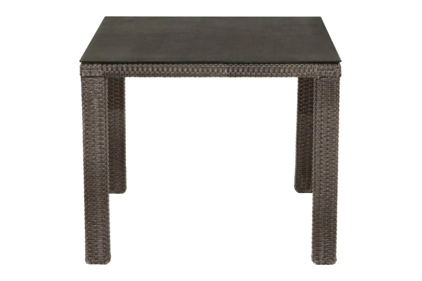 Sale Rocking Garten-Essgruppe, grau/braun-meliert, Polyrattan, Tisch 90 x 90 cm, 4 Stapelstühle, Glasplatte in Steinoptik Polyrattan-Gartenmöbel|Garten-Essgruppen