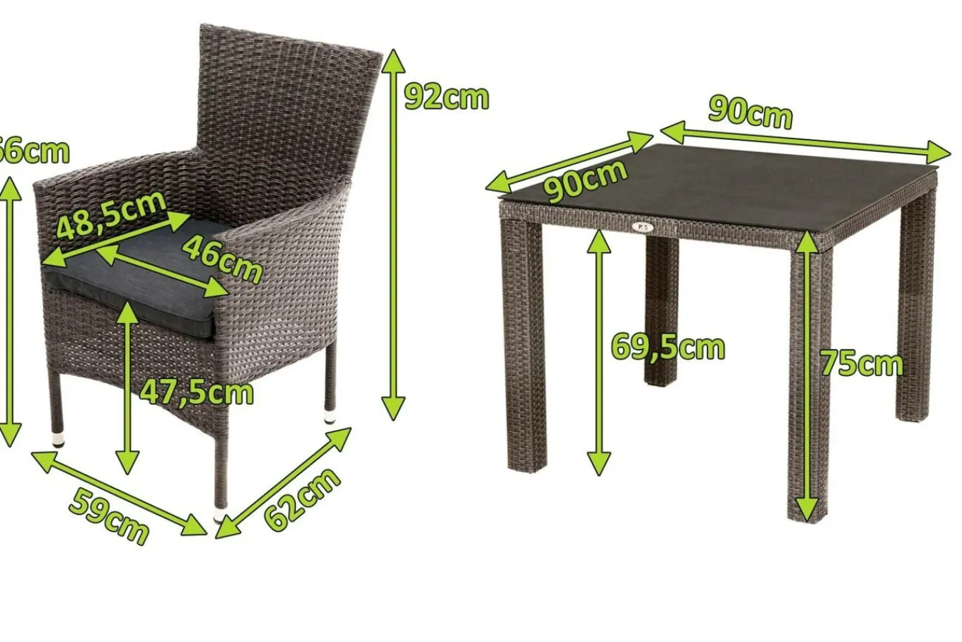 Hot Rocking Garten-Essgruppe, grau/braun-meliert, Polyrattan, Tisch 90 x 90 cm, 4 Stapelsessel, Glasplatte in Steinoptik Polyrattan-Gartenmöbel|Garten-Essgruppen
