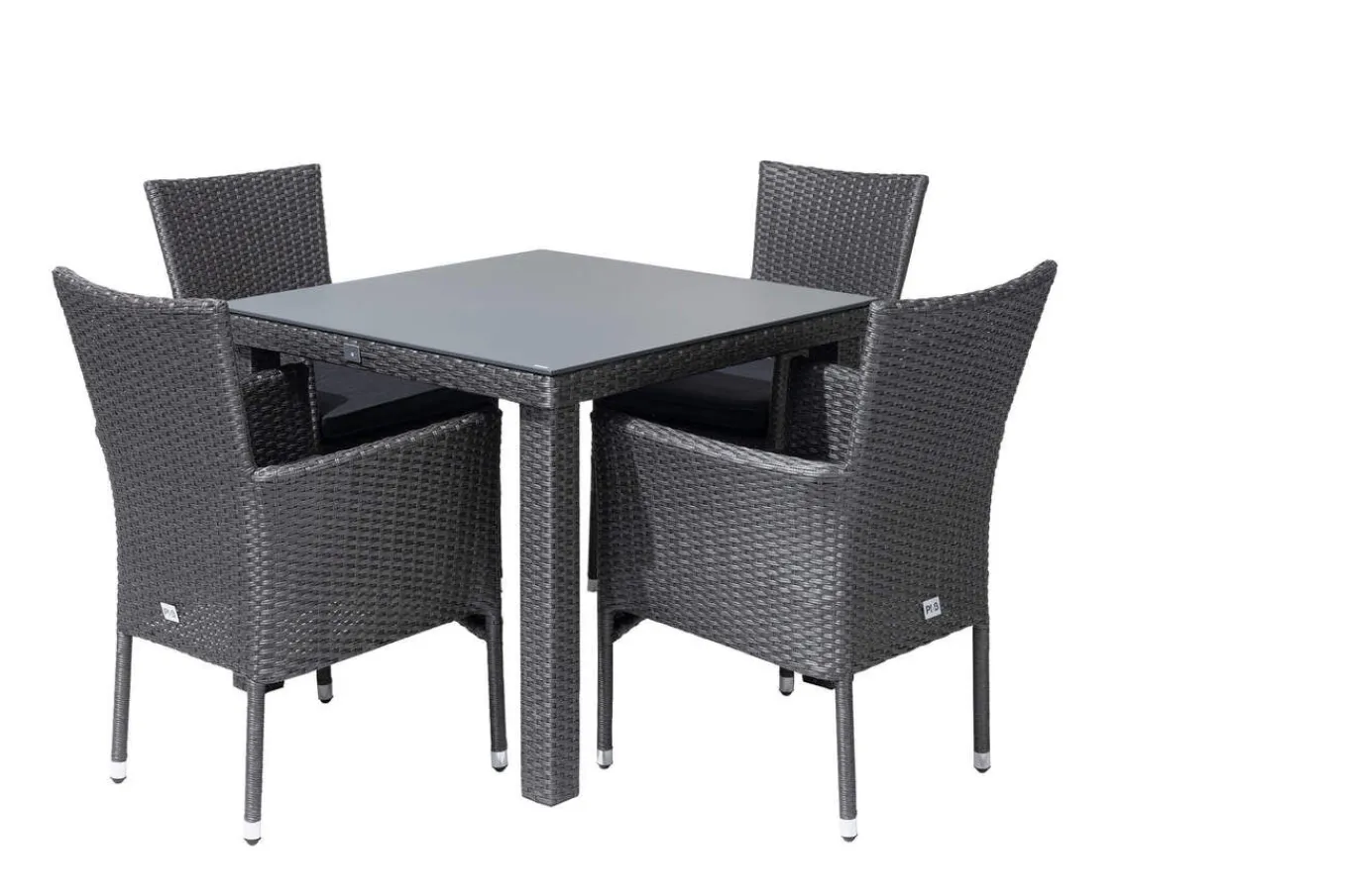 Hot Rocking Garten-Essgruppe, grau/braun-meliert, Polyrattan, Tisch 90 x 90 cm, 4 Stapelsessel, Glasplatte in Steinoptik Polyrattan-Gartenmöbel|Garten-Essgruppen