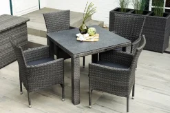 Hot Rocking Garten-Essgruppe, grau/braun-meliert, Polyrattan, Tisch 90 x 90 cm, 4 Stapelsessel, Glasplatte in Steinoptik Polyrattan-Gartenmöbel|Garten-Essgruppen