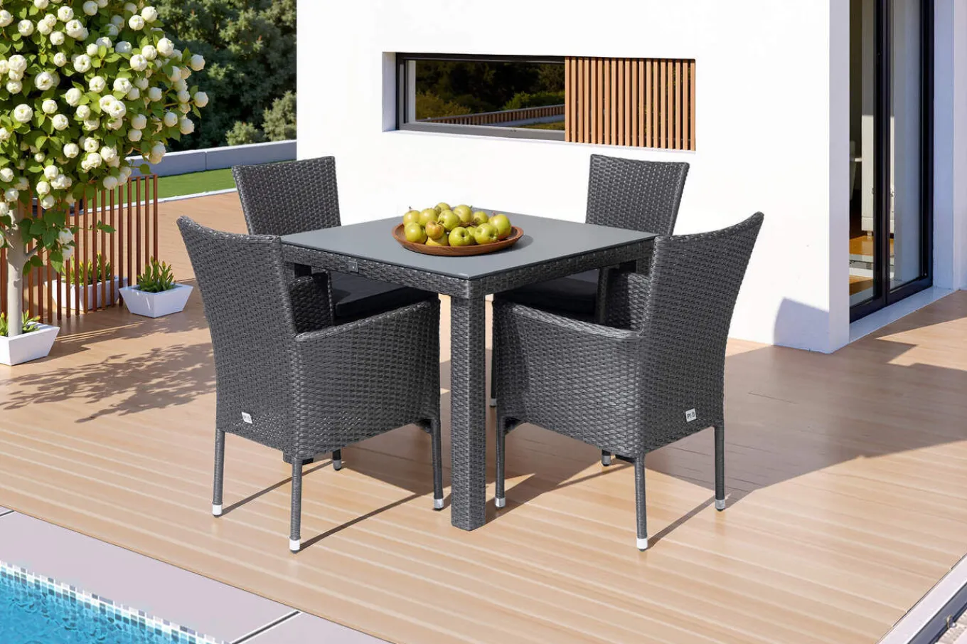 Hot Rocking Garten-Essgruppe, grau/braun-meliert, Polyrattan, Tisch 90 x 90 cm, 4 Stapelsessel, Glasplatte in Steinoptik Polyrattan-Gartenmöbel|Garten-Essgruppen